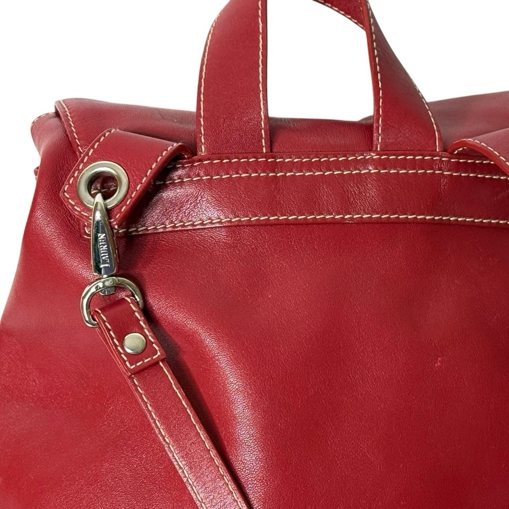 Lauren Ralph Lauren Red Backpack Shoulder Soft Leather Bag Pockets Adjustable - Picture 5 of 12